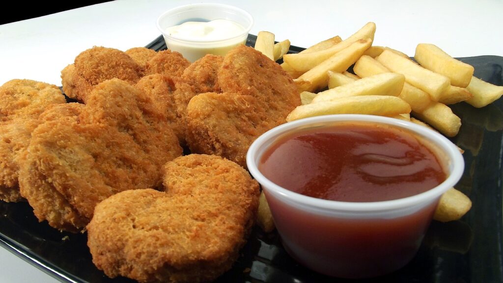 chicken nuggets, fries, dip
