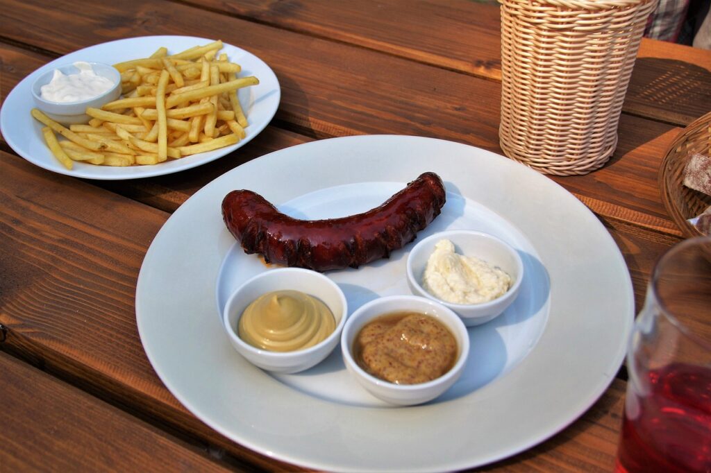 french fries, grilled, sausage